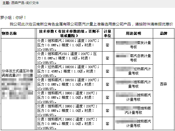 西森蒸汽計量系統詢(xún)價(jià)單截圖